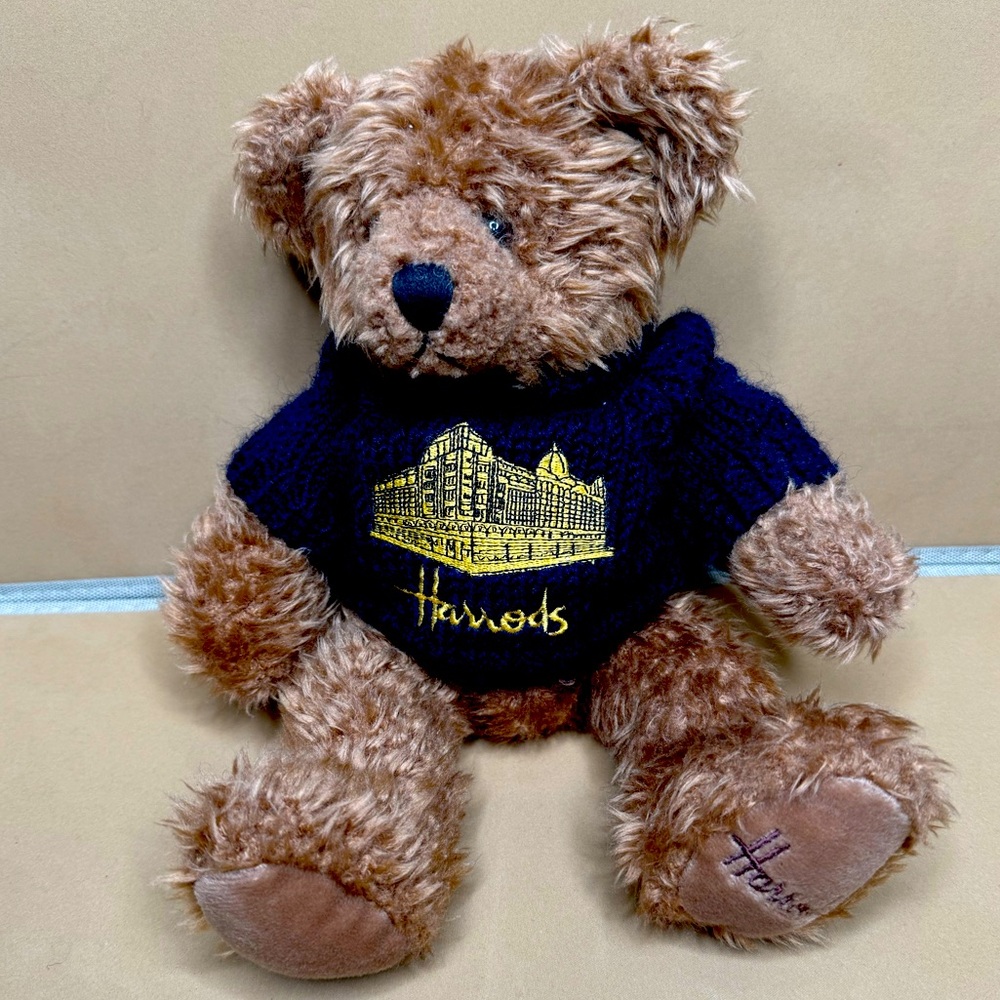 Harrods 12” Teddy Bear with blue and gold knitted sweater